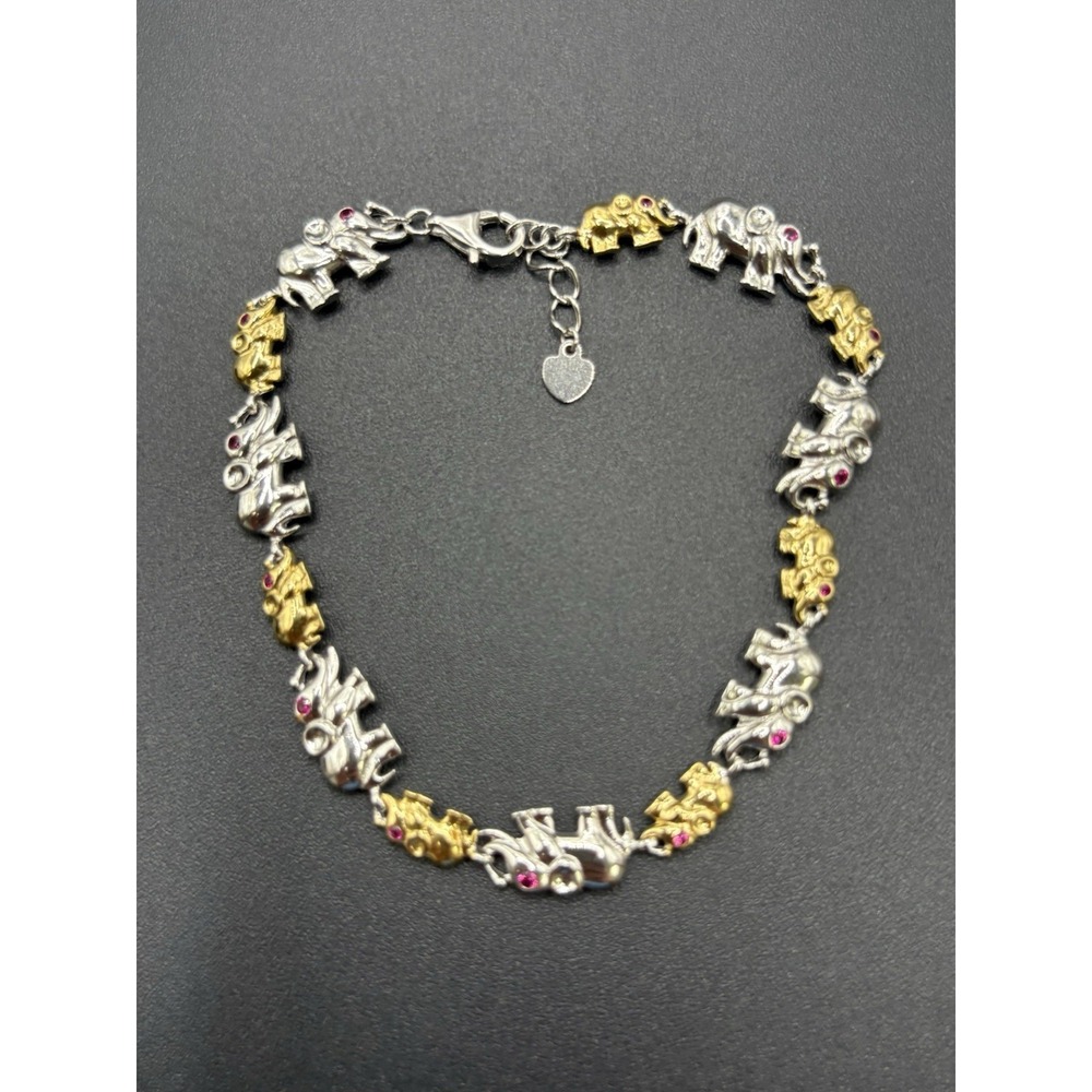 New Condition 7" Two Tone Sterling Silver Elephant Bracelet Lab Ruby